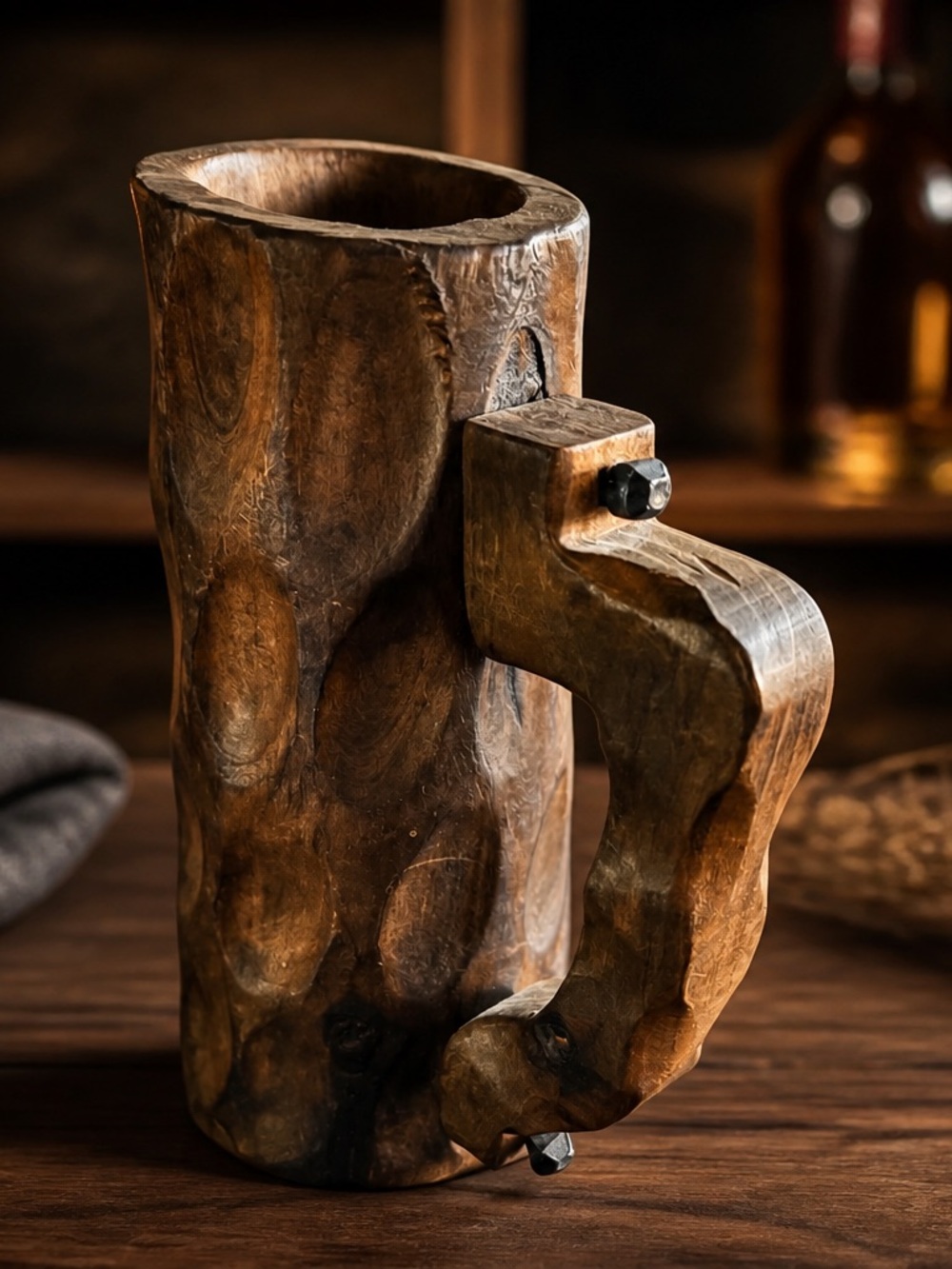 Handcrafted Brown Wood Beer Mug with Sculpted Handle